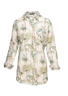 KikiSol Mohave Tropical Palm Print Cotton Boyfriend Shirt Large